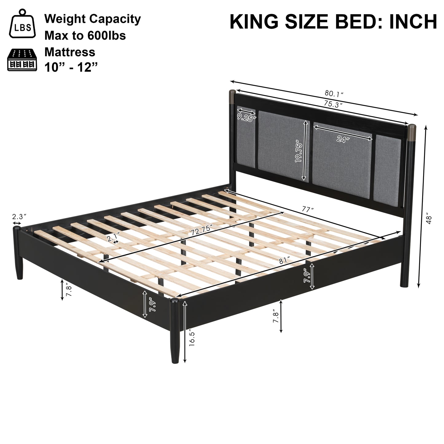Solid Wood King Bed, Heavy Duty 600 Lbs Support, No Box Spring