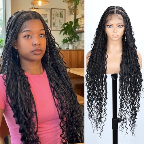 36 inch Single Full Lace Boho Braided Wigs for Black Women, 360 HD Lace Knotless Box Braid Wigs with Baby Hair Black Synthetic Braid Wig