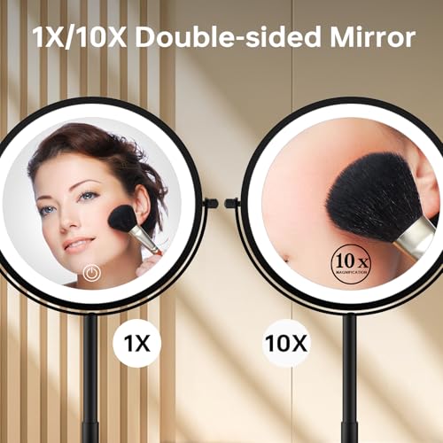 Folding Travel Makeup Mirror with Lights and Magnification,7¡± Double Sided 1X/10X Lighted Magnifying Mirror with Rechargeable Battery,Brightness Adjustable,3 Color Lighting, Black