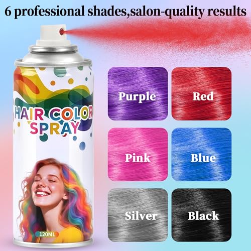 6 Pack Hair Spray,Purple red pink black blue and gray hair spray temporary for Women Kids Men, Washable Temporary Hair Dye Spray,For Cosplay Christmas Party, Halloween Crazy Hair Day