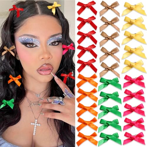 30PCS Hot Pink Mini Hair Bows 6 Color Small Bows for Hair Red Green Silky Satin Hair Bow Clips Cute Hair Ribbons for Women Bowknot Barrettes Alligator Hair Clips Accessories for Teens Girls