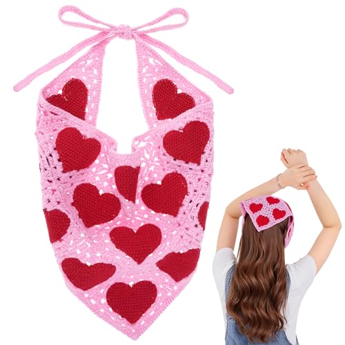 hoyuwak Crochet Head Scarf Bandanas Heart Headbands Hair Scarf Head Coverings Pink Hair Accessories for Women Hair Styling Valentine's Day Holiday Decor