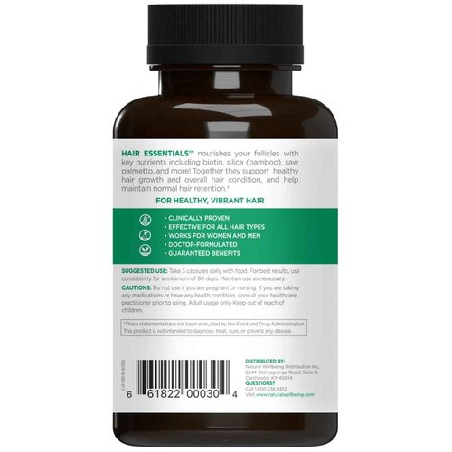 Natural Wellbeing Hair Essentials - Supports Healthy Hair with Saw Palmetto (for DHT), Biotin, Bamboo Silica - Natural Supplement for Women and Men. 270 Veg Caps (3-Month Supply)