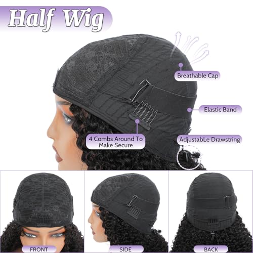 Kinky Curly Half Wig Human Hair 210 Density 100% Unprocessed 3 In 1 Half Wig Curly Human Hair With Drawstring Seamless Flip Over Wigs Glueless Beginner Friendly 16 Inch