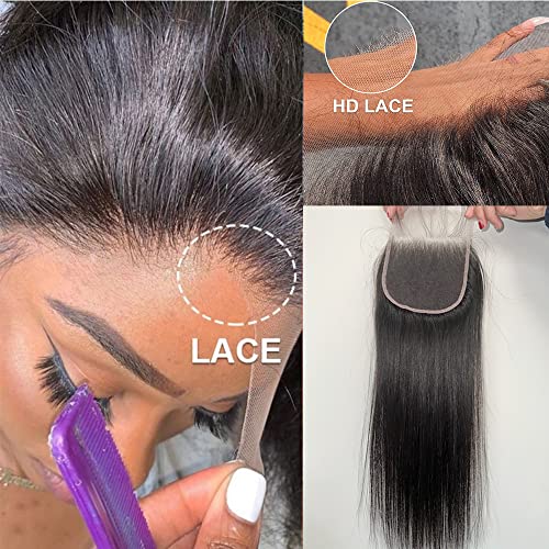 HD Lace Closure Brazilian Straight Closure 4x4 Lace Closure Human Hair 150% Density Unprocessed Virgin Human Hair Free Part Closure Natural Hair Color Black 22 Inch