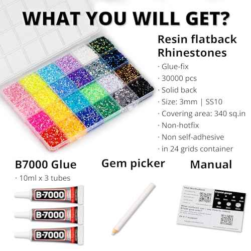31000Pcs Rhinestones for Bedazzling, 3mm Bedazzler Kit with Flatback Rhinestones for Clothes Crafting Crafts Nails Clothing, Flat Back Resin Rainbow Colorful Colored Crystal with B 7000 Glue Clear