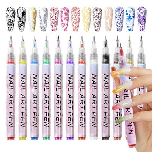 12 Color Nail Art Pens, 0.5 MM 3D Nail Polish Pens Set Drawing Painting Point Liner Acrylic Painted Pen Kit, Waterproof and Quick-drying Nail for DIY Nails Art Design Manicure Tools