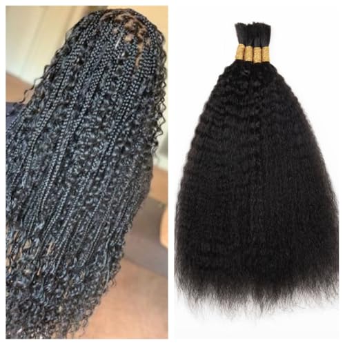 Kinky Straight Human Braiding Hair For Boho Braids Wet and Wavy Bulk Human Hair No Weft 100g (1Pack-4PCS) Yaki Straight For Micro Braiding (Kinky Straight£¨#1B), 24 Inch)
