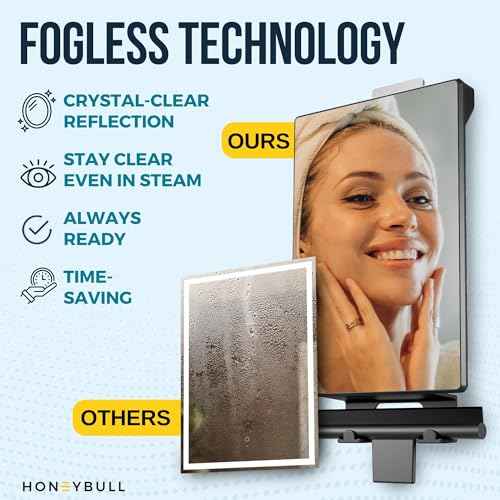 HONEYBULL Fogless Shower Mirror for Shaving ? Anti Fog Mirror for Shower with Water Tank, Adhesive Hook Mount, Bonus Razor Holder & Squeegee ? for Men and Women, Small Bathroom Accessory (Black)