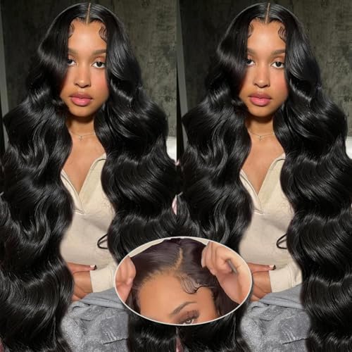 Wear and Go Glueless Bob Wig - Body Wave Lace Front Human Hair Wigs for Black Women - Pre Plucked and Pre Cut 4x4 Lace Closure - No Glue Needed for Beginners (Natural Black Glueless, 28 Inch)