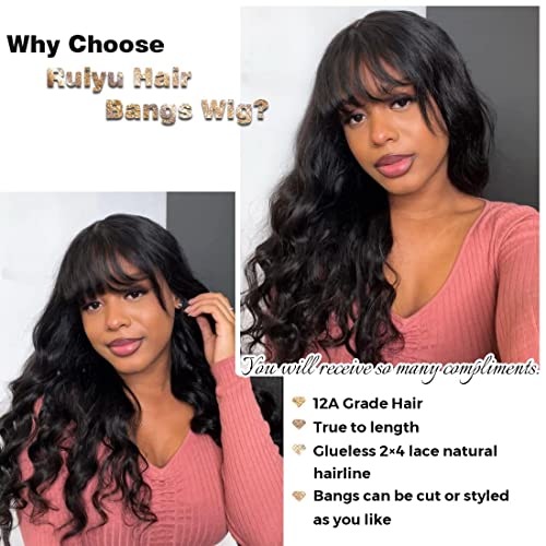 Ruiyu Body Wave 2x4 Lace Front Wigs Human Hair Wigs with Bangs for Black Women Wear and Go Glueless Wig with Bangs 180% Density Closure 100% Brazilian Virgin Human Hair 16 Inch