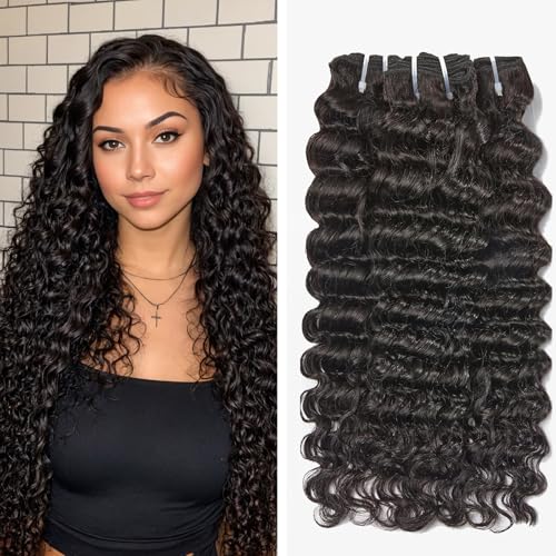 Wequeen 16A Deep Wave Human Hair Bundles 14 16 18 Inch 100% Unprocessed Brazilian Virgin Hair Quick Weave Bundles Human Hair Extensions Real Human Hair, Natural Black