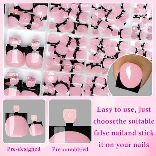 LuckForever 180pc Black French Tips Press on Toenails Women Glue on Toe Nails, French Fake Toe Nails Press ons Nail Square Pink Acrylic Press on Toes Nail Tips Artificial Stick Toenail Tip