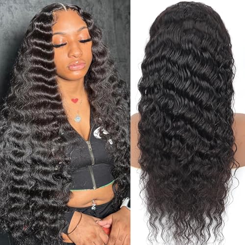 XVE 30 Inch Deep Wave Lace Front Wig Human Hair 13x4 Lace Front Wigs Human Hair Pre Plucked 200% Density Wet And Wavy Wigs Transparent Lace Frontal Curly Wigs For Women Glueless Wig Natural Black