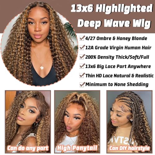 Honey Blonde 13x6 Deep Wave Lace Front Wigs Human Hair 22 inch 4/27 Highlight Ombre Deep Wave HD Transparent Lace Front Wigs Pre Plucked 200% Density Wet And Wavy Curly Lace Frontal Wig for Women
