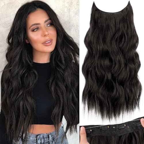 KooKaStyle Invisible Wire Hair Extensions with Transparent Wire Adjustable Size 4 Secure Clips Long Wavy Secret Synthetic Hairpiece 20 Inch 120g Rich Dark Brown with Warm Tones for Women