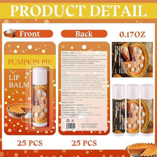 25 Pcs Halloween Fall Pumpkin Pie Flavor Lip Balms Bulk Fall Autumn Halloween Thanksgiving Pumpkin Party Favors Christmas Thank You Appreciation Gifts Stocking Stuffers for Women Employee