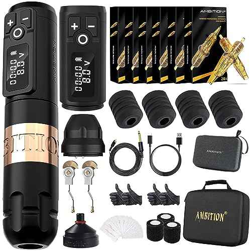 Ambition Soldier Tattoo Kit - Wireless Tattoo Machine Kit Complete Rotary Tattoo Gun with Extra 2400mah Power 120pcs Glory Mixed Size Cartridge Needles for Professional Tattoo Artists