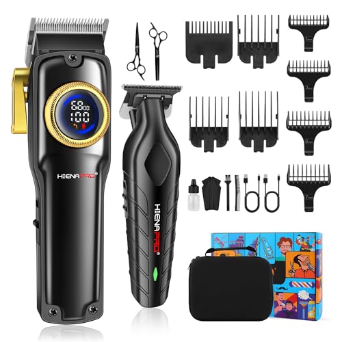 HIENA PRO Professional Hair Clippers Set for Men Cordless Barber Kit Hair Cutting Kit Rechargeable Clippers and Trimmers Set Clipper Set for Barbers with LED Display, Gifts for Men, (Black)
