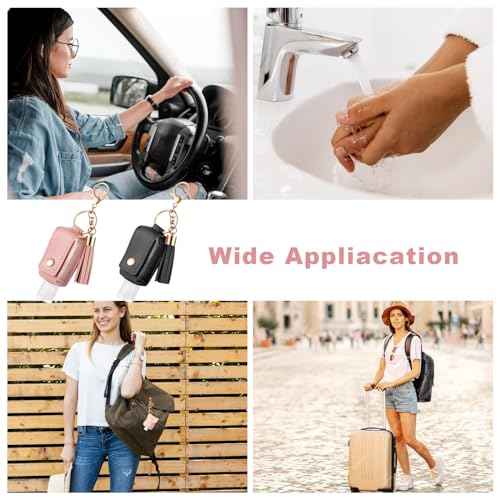 2Pcs Portable Leather Hand Sanitizer Holder, Travel Size Keychain Case Refillable Bottle for Toiletry Lotion Liquid Soap Shampoo (Black, Pink)
