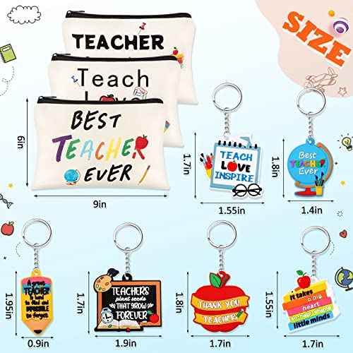 Nosiny 18 Pcs Teacher Appreciation Gifts Set 12 Teacher Keychains Bulk 6 Makeup Pouch Cosmetic Bag Thank You Gifts for Women Christmas
