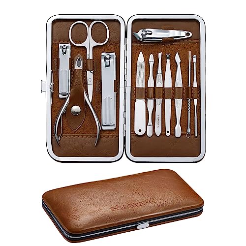 FAMILIFE Manicure Set, Professional Nail Kit Nail Clipper Set, 12PCS Stainless Steel Manicure Kit, with Brown Leather Travel Case Luxury Gifts for Him