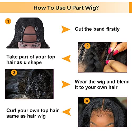 U Part Human Hair Wig Body Wave Drawstring Wig 180% Density U Part Wig Brazilian Virgin Human Hair wigs for Women Full Head Clip in Half Wigs Glueless No Leave Out Lace Front Wig Natural Color 16inch