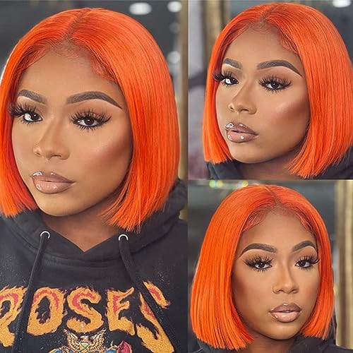 Ginger Orange Short Straight Bob Wig 13x4x1 Lace Front Wigs for Women Orange Ginger Human Hair 14 Inch 150% Density Brazilian Virgin Bob Wigs Human Hair Lace Closure Wigs Pre Plucked with Baby Hair