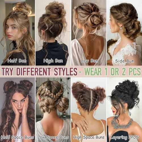 2 PCS Messy Bun Hair Piece Wavy Curly Hair Bun Scrunchies Extensions Synthetic Chignon Thick Updo Hairpieces for Women Girls(Dark Brown Mix Light Auburn)