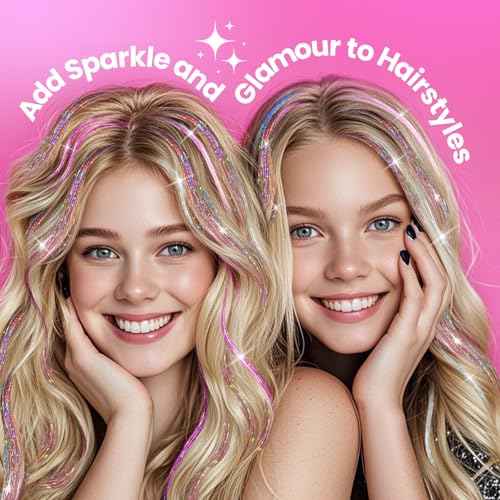 NIACONN Glitter Hair Tinsel Extensions Kit 18 Colors with Tools and Beads, 48 Inch Sparkly Fairy Colorful Tensile Strands Shiny Hair Accessories for Women Girls Kids