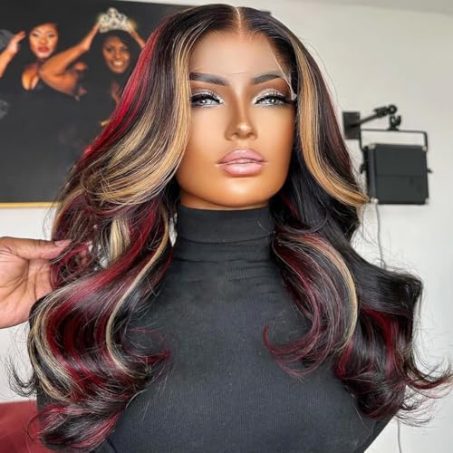 Red Blonde Highlight Wig Human Hair Body Wave Lace Front Wigs Human Hair Pre Plucked 180% Density Blonde Red Highlights 13X4 Transparent Glueless Colored Wig Human Hair for Women 16 Inch