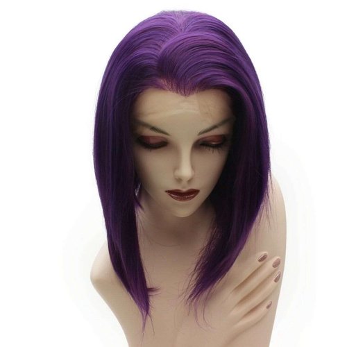 iwonawig Iewig Short Bob Straight Wig Half Hand Tied Purple Synthetic Lace Front Heat Friendly Fiber