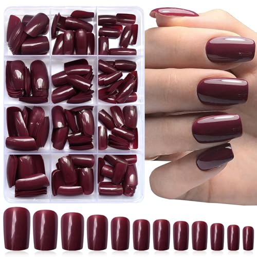 LoveOurHome 240pc Christmas Wine Red Press on Nails Medium Square Fake Nails Press ons Square Nail Tips Gel False Nails Presson Artificial Fingernails & Glue Adhesive Tabs Women Girls Manicure Decor
