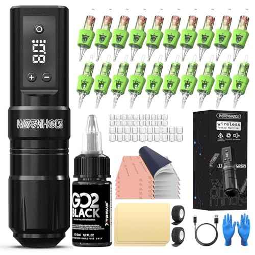 Wormhole Tattoo Kit Wireless Tattoo Gun Kit Xtreme Tattoo Ink Complete Wireless Tattoo Pen Kit for Beginner, Portable Tattoo Machine Tattoo Needles with 1300mAh Battery- Black WTK353