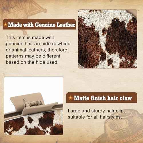 DEEKA Real Leather Large Western Hair Clips Cow Printed Cowhide Tooled 4" Hair Claw Clips Gifts for Thick Hair Country Girls Cowgirl Stuff Western Hair Accessories Gift for Women and Girls -Brown