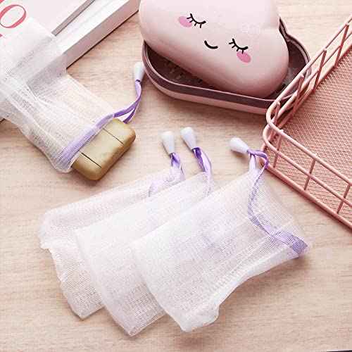 Leadigol 10PCS Face Cleansing Foaming Nets, Mesh Soap Pouch, Bubble Foam Double Layer Net Soap Sack Saver Pouch, White Pouch with Drawstring, Drawstring Holder Bags
