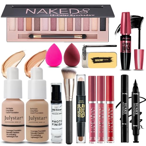 All in One Makeup Kit for Women Full Kit, Makeup Set 12 Colors Eyeshadow, Foundation & Primer, Lipsticks, Eyeliner, Mascara, Contour Stick, Brow Soap, Brush & Sponge, Make Up Gift Set for Women, Teens