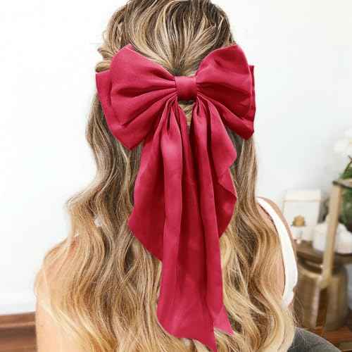 Large Red Satin Hair Bows, Clips, and Barrettes - Hair Accessories for Women, Christmas Gift