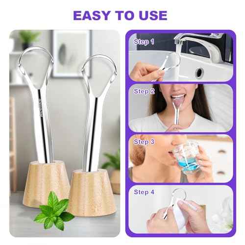 Tongue Scraper for Adults with 2 Holder and 2 Travel Case, Metal Tongue Scraper for Tongue Cleaning and Reducing Bad Breath,100% Stainless Steel Tongue Scraper, Tongue Cleaner for Adults