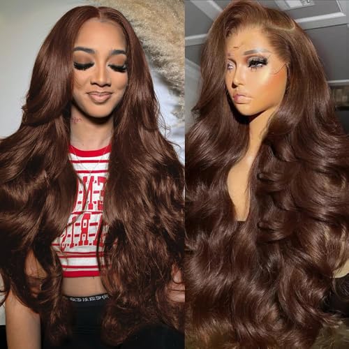 24 Inch Chocolate Brown 13x4 HD Lace Front Wigs Human Hair Body Wave Frontal Glueless Brown Wigs Human Hair Pre Plucked Colored Wigs with Baby Hair for Black Women 250 Density