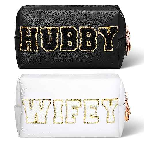 Pinkunn 2 Pcs Wifey Hubby Makeup Bag Bride Patch Cosmetic Bag Mrs Travel Toiletry Purse White Letter PU Leather Waterproof Pouch Wedding Bridal Shower Honeymoon Gift for Women Party Organizer
