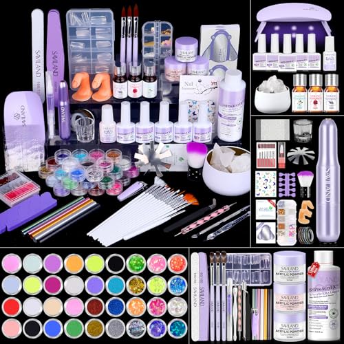 SAVILAND Acrylic Nail Kit with Everything: Professional Nail Kit Acrylic Set with EMA Monomer Nail Drill Gel Polish for Nail Extension 3D Carving Sculpture Home Salon Use Christmas Gift Set