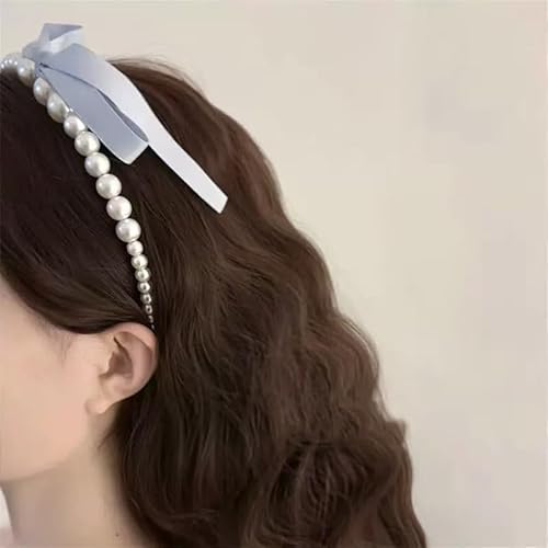 Blue Bow Pearl Headbands for Women Pearls Hair Hoop Bands for Thick Thin Hair Bow Headband Hairband for Teen Girl Elegant Hair Accessories Decoration for Women Non Slip Pearl Head Band with Bow Ribbon