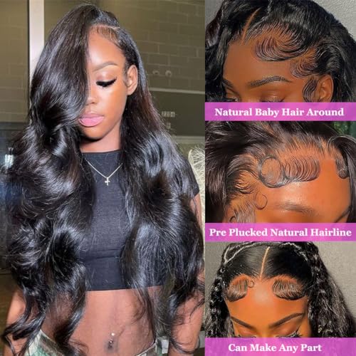 CITY GIRL 30 Inch Body Wave Lace Front Wigs Human Hair Pre Plucked 13x4 hd Transparent Lace Frontal Body Wave Human Hair Wig for Women 200 Density Natural Black