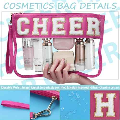 Cheer Chenille Letter Bags Clear Makeup Bag, Cheerleader Gifts Cosmetic Bag, Varsity Preppy Patch Flat Pouch Cheer Accessories, Waterproof PVC Organizer Toiletry Bag for Women Girls