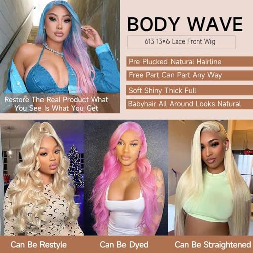 613 13x6 Lace Front Wig Human Hair 200 Density HD Body Wave Blonde Lace Front Pre Plucked Lace Frontal Wig, 24-Inch