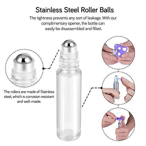 PrettyCare 4 Pack, 10 ml Essential Oil Roller Bottles with Stainless Steel Roller Ball - Refillable Leak-proof Empty Thick Clear Glass Roll on Bottles with Metal Caps for Travel, Perfume