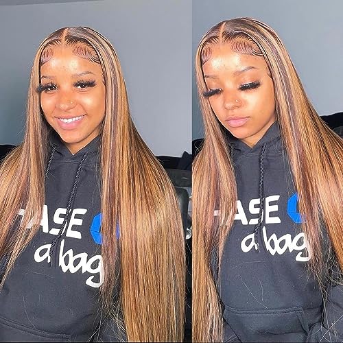 Lemoda Outlet Deals 13x6 Highlight Ombre Lace Front Wig Human Hair 180 Density 20 Inch Straight Transparent Lace Pre Plucked Honey Blonde Human Hair Wigs for Women P4/27 Color