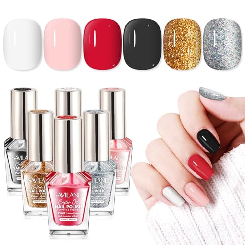 SAVILAND Finger Nail Polish Set: 6pcs Classic Quick Dry Nail Polish Kit Color Locked X Tech White Black Red Pink Brown Bulk Toenail Polish Castor Oil Nail Lacquer Salon Tech Manicure Pedicure Home