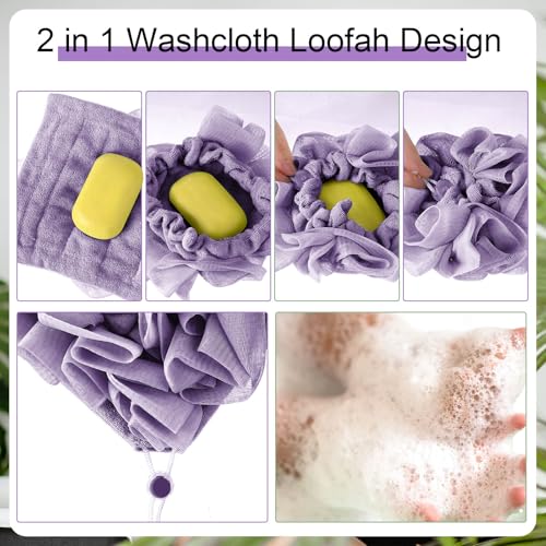 3 Pcs Washcloth Loofah Combo, 2 in 1 Bath Loofah Sponge with Drawstring, Exfoliation Mesh Shower Puff Ball for Body Wash Cleansing and Smooth Skin (Purple Pink Beige)